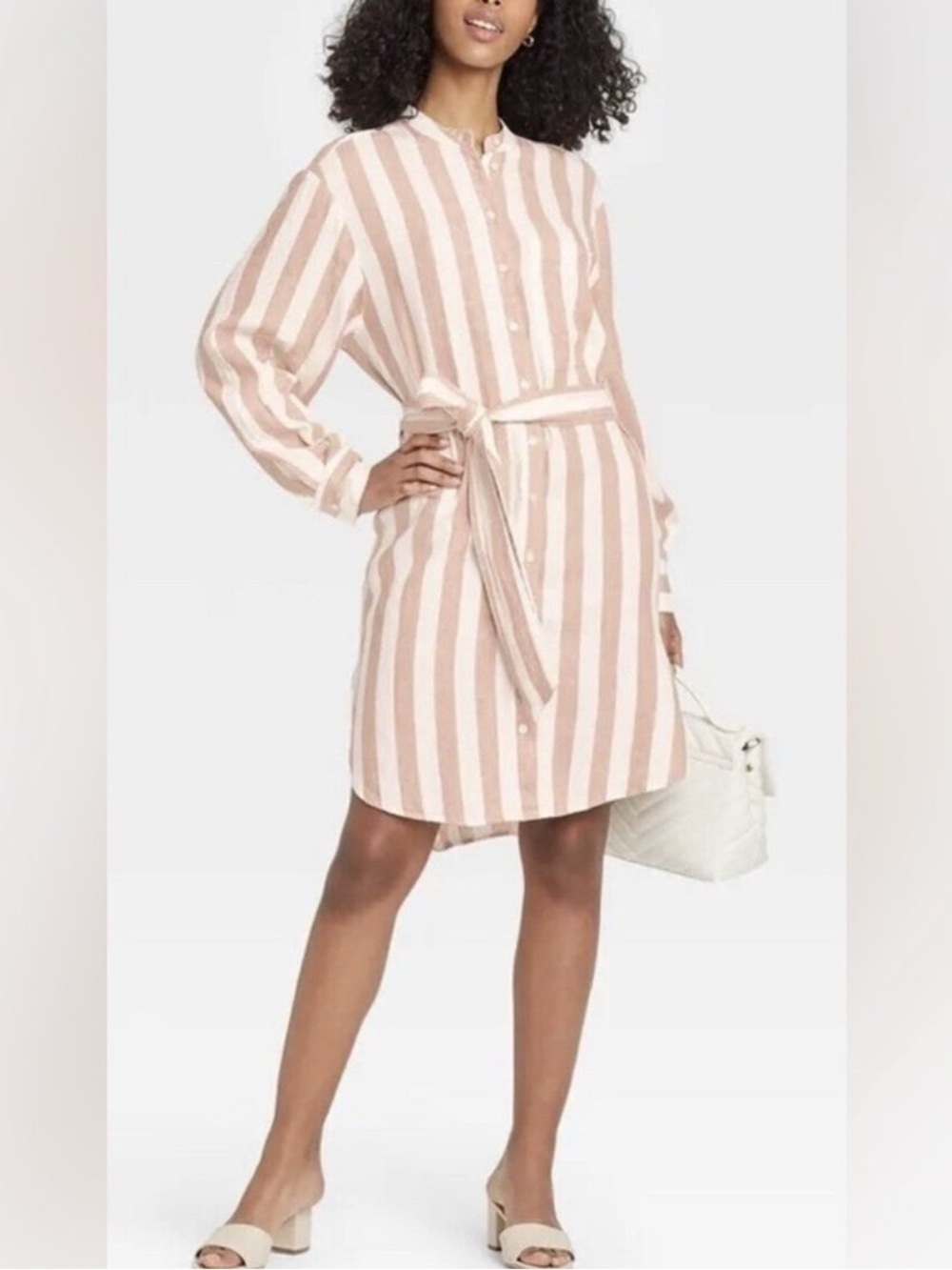 a new day Linen Blend Striped Midi Shirt Dress Belted Pockets Small